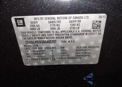 2013 GMC Terrain Sle-1 из США, поврежденный, VIN 2GKALMEK9D6405787